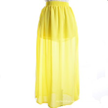 Latest fashion side open fork skirts women yellow chiffon elastic high waisted long skirt